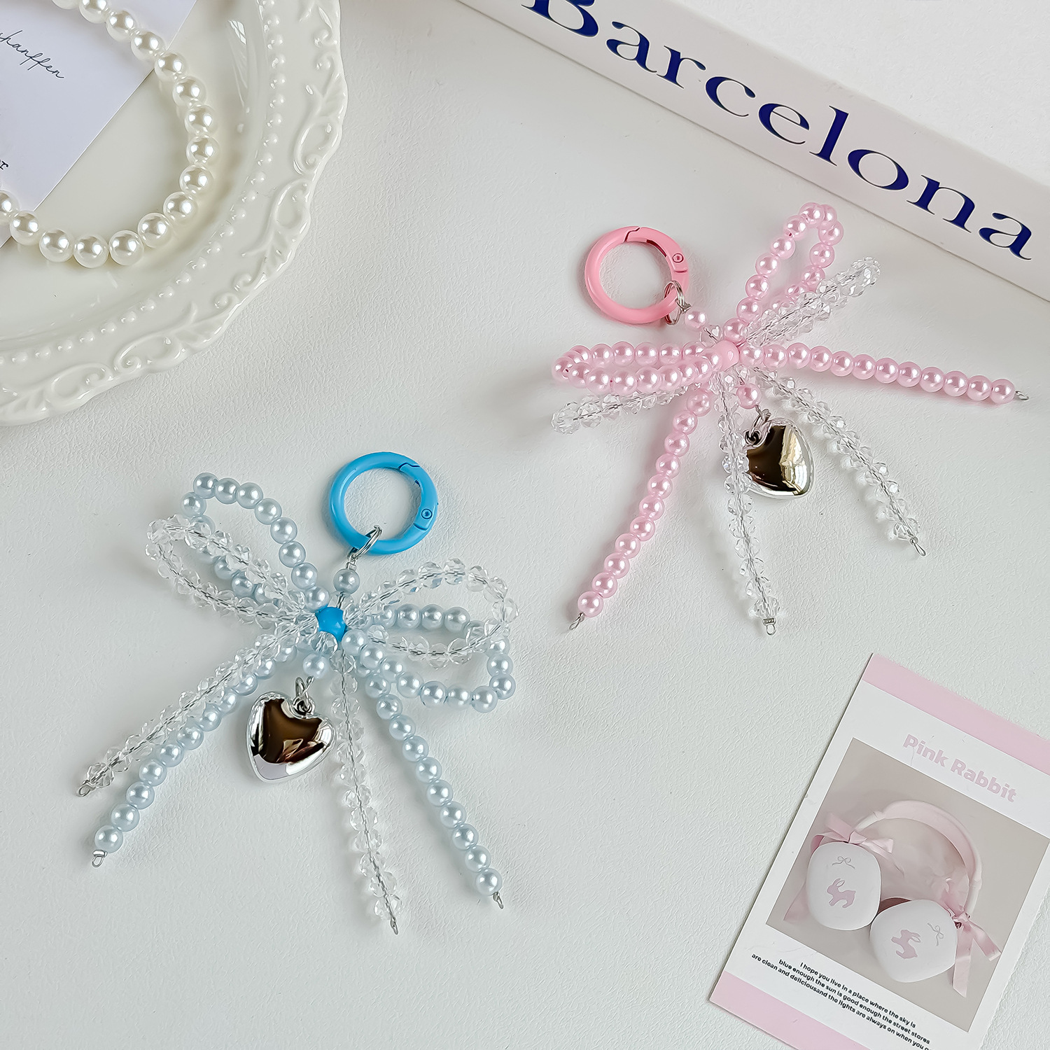 New Pearl Sweet Bow Mobile Phone Chain Hand-woven Crystal Hanging Love Accessories Bag Key Pendant