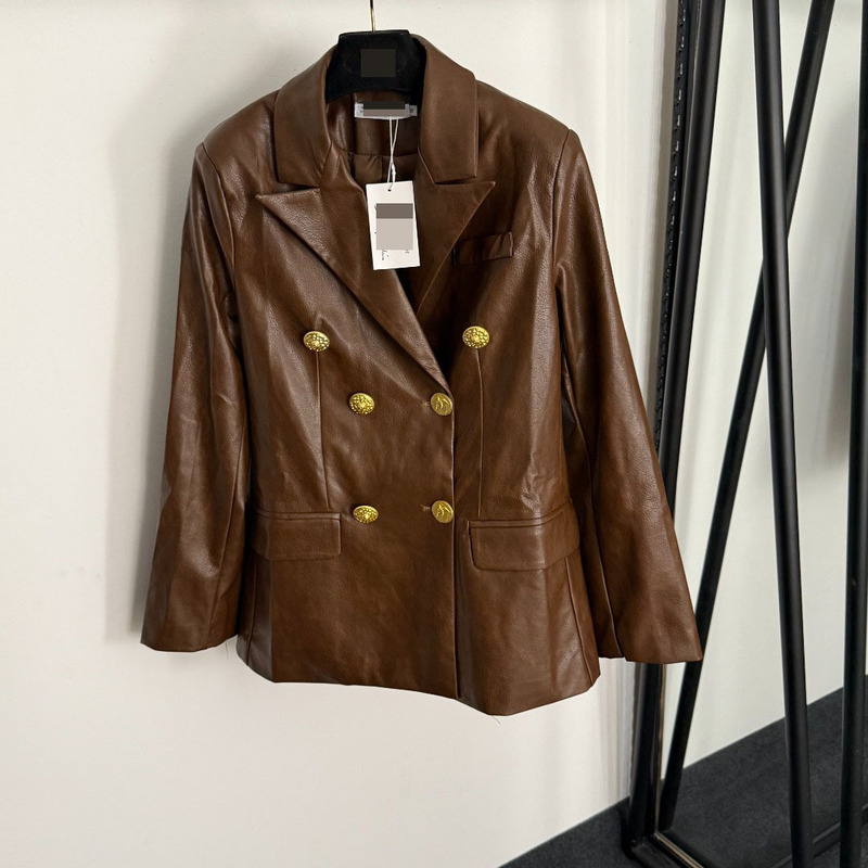 2025 Autumn/Winter Nanyou Women's New Peace Dove Gold Button Slim Fit Double-Breasted Long Sleeve Pu Leather Blazer Jacket 2025 Autumn/Winter Nanyou Women's New Peace Dove Gold Button Slim Fit Double-Breasted Long Sleeve Pu Leather Blazer Jacket