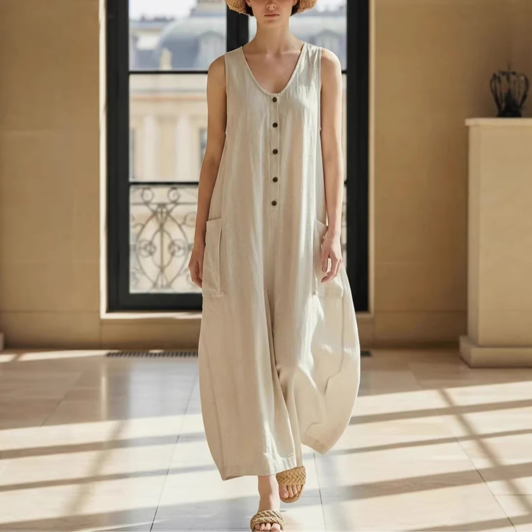 2026 Amazon European and American Temu Casual Women's Simple Linen Blend Buttoned Stand Collar Sleeveless Loose Jumpsuit