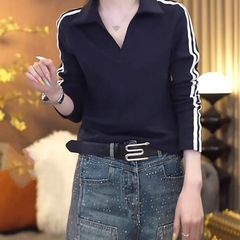 大码高级感条纹V领打底衫女2025早春洋气时尚百搭显瘦翻领长袖T恤