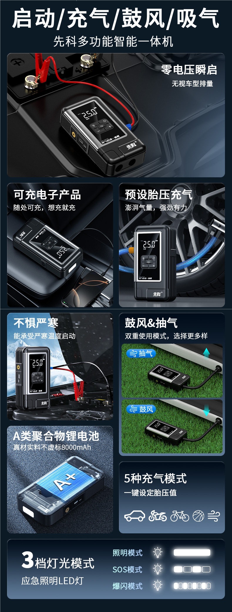 Xianke Car Emergency Starting Power Supply and Car Air Compressor All-in-One Machine, Large Capacity Power Bank, Battery Jump Starter