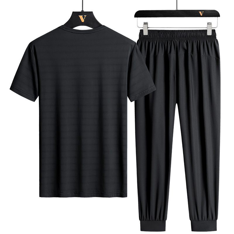2023 pantalones de manga corta casual deportes traje de seda de hielo de los hombres de secado rápido transpirable de alta elástica camiseta de dos piezas conjunto de entrega de una sola pieza