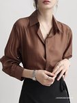 天丝棉咖色衬衫女春秋感轻奢薄款衬衣法式漂亮超好看上衣