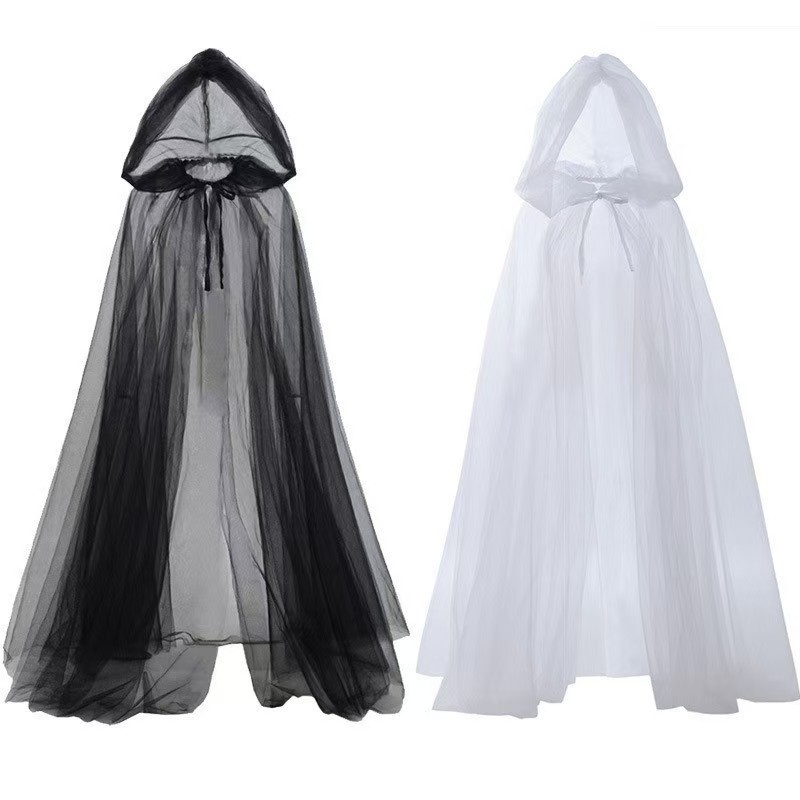 Ropa de malla de Halloween mantas largas mantas de malla blancas y negras mantas encapuchadas mantas de brujas oscuras mantas encapuchadas