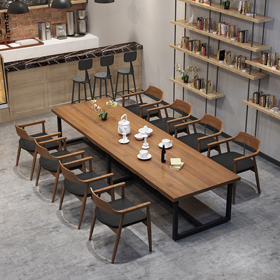 美式铁艺实木公司办公电脑洽谈会议书桌工业风工作台长条餐桌椅组