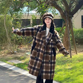 秋冬2025新款流行复古拼接长款格纹毛呢外套呢子大衣女秋冬高级感