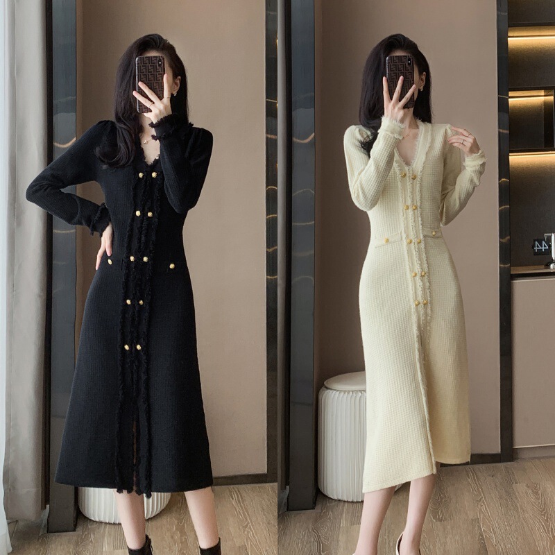 7215実写スポットの毛磨きニットワンピース女性vネックが痩せて見えるニットスカートの中の長さは底をつけて秋になる|undefined