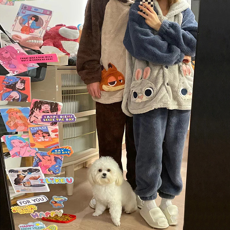 Zootopia Coral Fleece Pajamas Women's Autumn and Winter fleece-lined Thickened Flannel suit for Couple