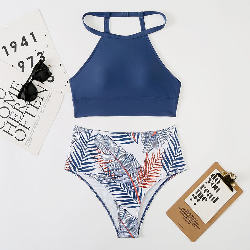 Women's Sexy High-Waisted Two-Piece Bikini Swimsuit High Neck Tie-Detail Abstract Print Polyester Nylon Regular Fit For Spring/Summer_ecoleips.com