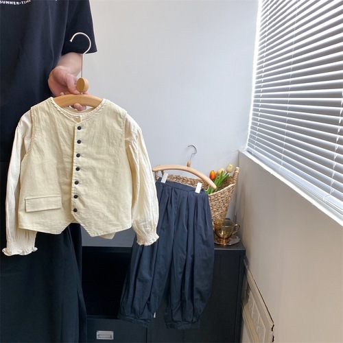 2024 spring new style girls' stylish vest vest suit Korean style temperament puff sleeve shirt lantern long pants
