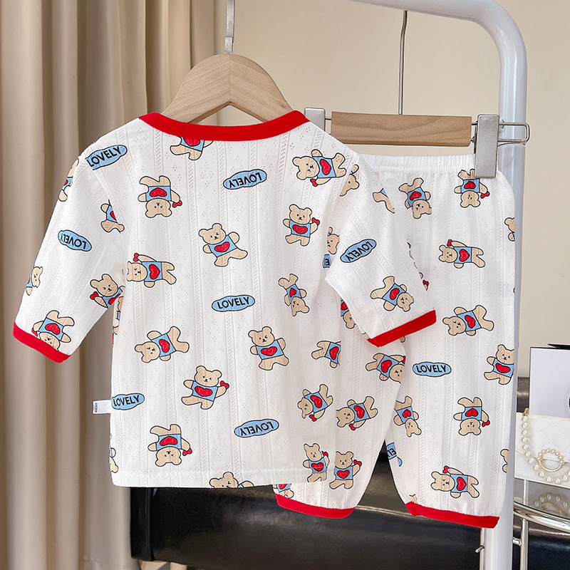 Primavera y Verano para Niños de estilo coreano para niñas Ropa de hogar traje transpirable cómodo Algodón puro algodón respiración bebé pijamas ropa de aire acondicionado