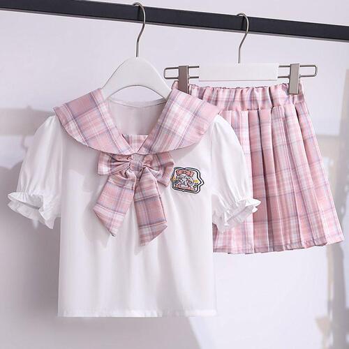 Girls' JK Set Dress Korean Version Primary and Middle School Students Butterfly Bow Short Sleeve Summer Clothing College Style Girl Pleated Skirt Two-Piece Set