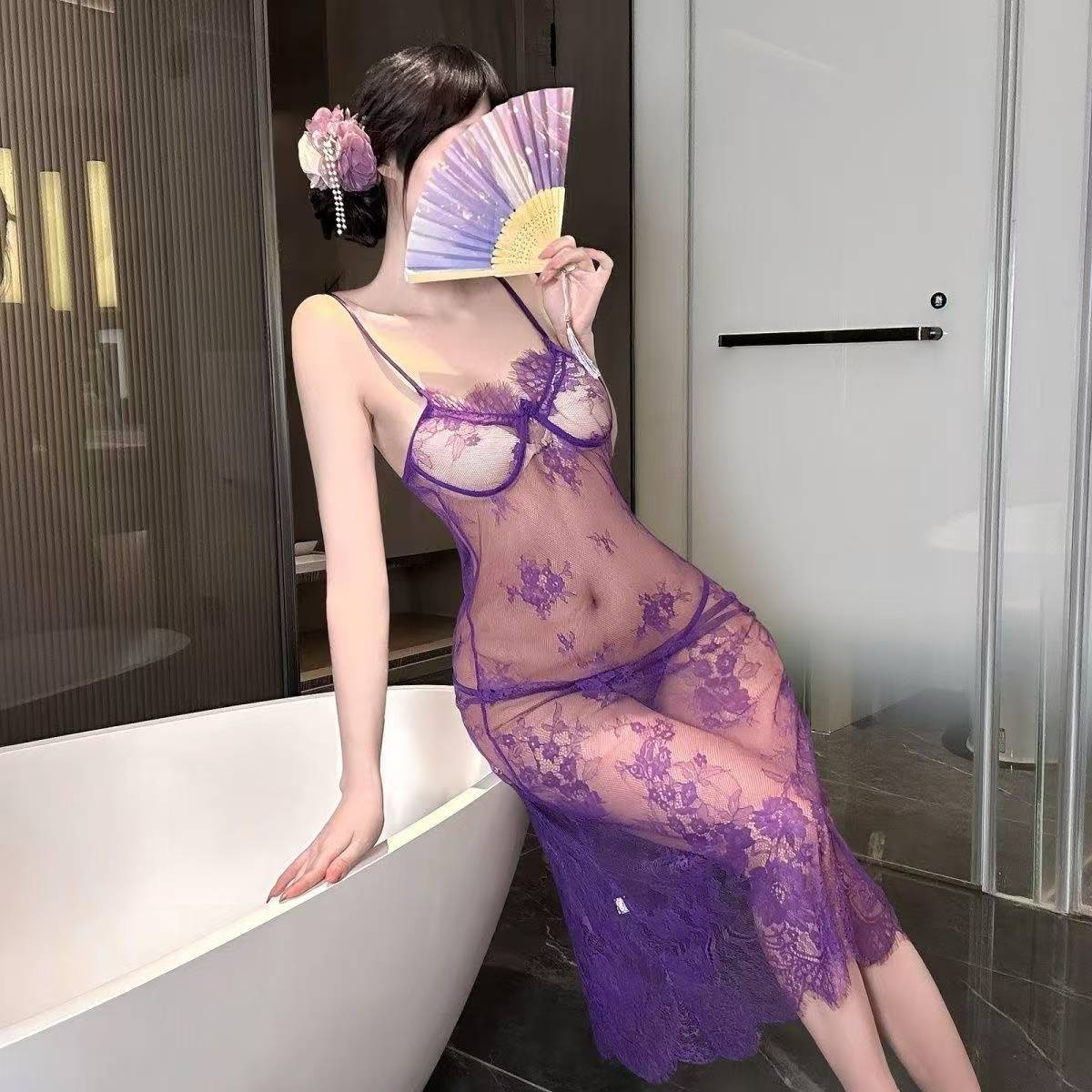 Purple See-Through Lace Lingerie Set with High-Slit Long Skirt, One Size — detail image 6