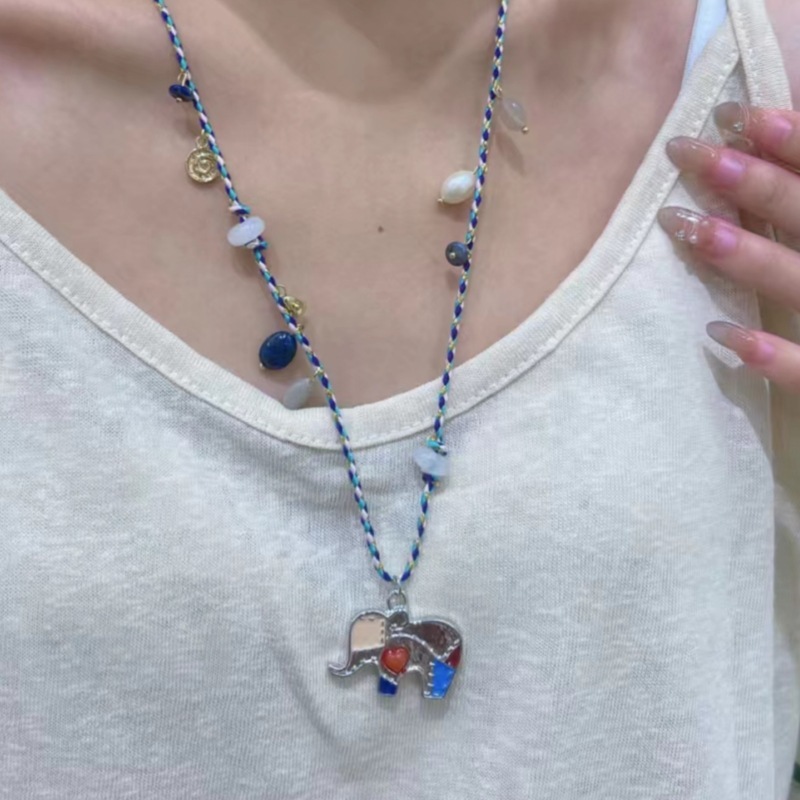 彩色小象编绳串珠项链女新中式轻奢小众设计高级感长款吊坠毛衣链|undefined