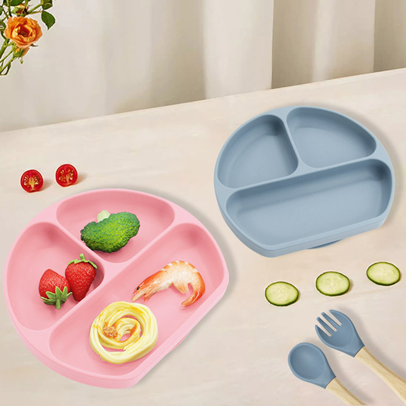 Conjunto de cubiertos de silicona para niños de grado alimenticio, platos de comedor de tres compartimentos, tazas de agua de silicona para bebés, tazas de silicona para estudiantes