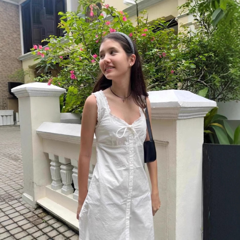 BM Style White Lace Collar Tight Waist Lace-up Sling dress Bm Girly Slim-Fit Short White Moonlight White Dress