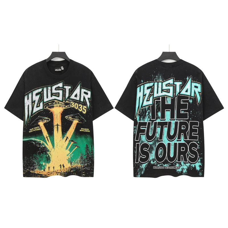 クロスボーダー Hellstar Tシャツ 2025年夏 欧米トレンドブランド レタープリント ゆったり半袖Tシャツ 男女兼用|undefined