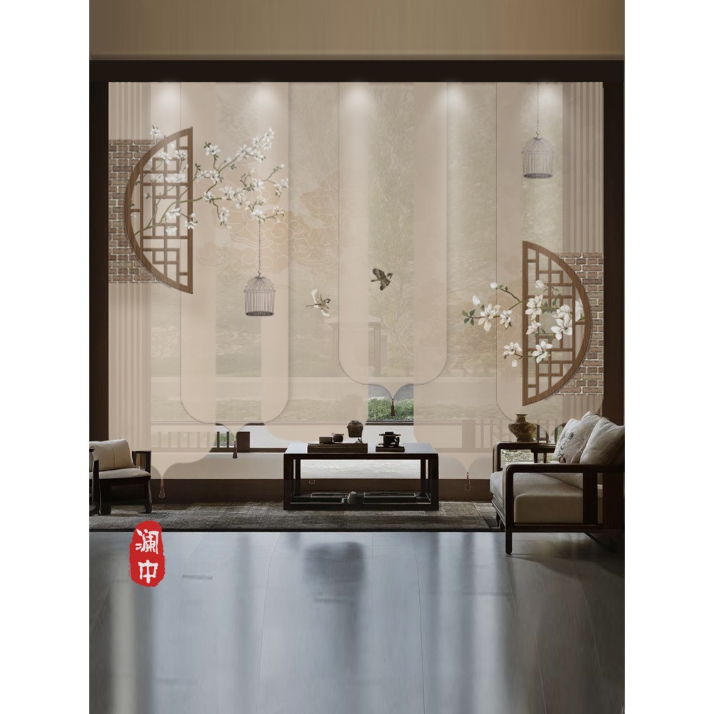 New Chinese-Style Transparent Roller Blinds Curtain Screen Partition Curtain Hanging Lift Blackout Curtain Soft Partition Entrance Floral and Bird