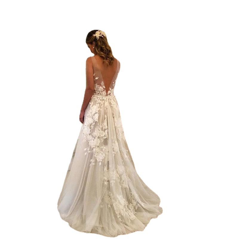 El comercio exterior de Europa y América Amazon AliExpress deseo nuevo V-cuello encaje malla vestido de novia sexy sin espalda vestido de novia largo