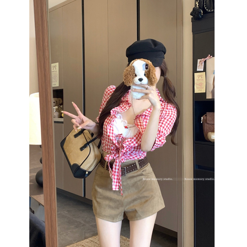 Designed Red Plaid Shirt for Women in Summer and Early Autumn, Sexy Slimming and Age-Reducing Inner Tops, Chic Tops for Women