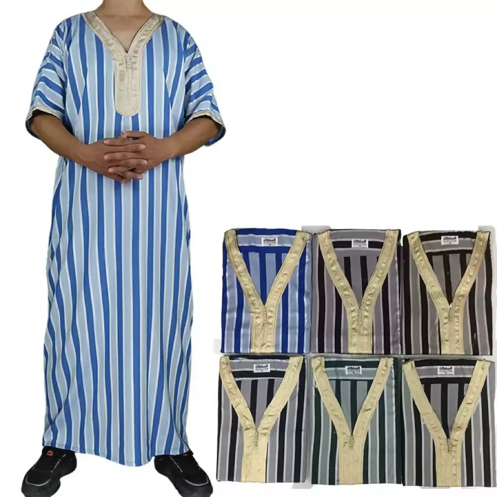 阿拉伯新款中东民族服饰迪拜袍穆斯林长袍服装摩洛哥袍男装条纹