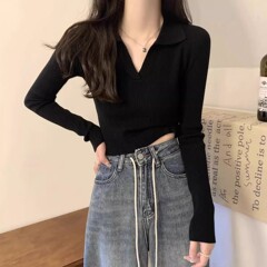 法式小众修身显瘦V领针织polo衫女初秋短款内搭毛衣打底基础上衣