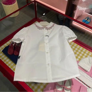 In-Stock Spring/Summer New Heavy Floral Collar Embroidered High-Density Pure Cotton White Versatile Puff Sleeve Shirt
