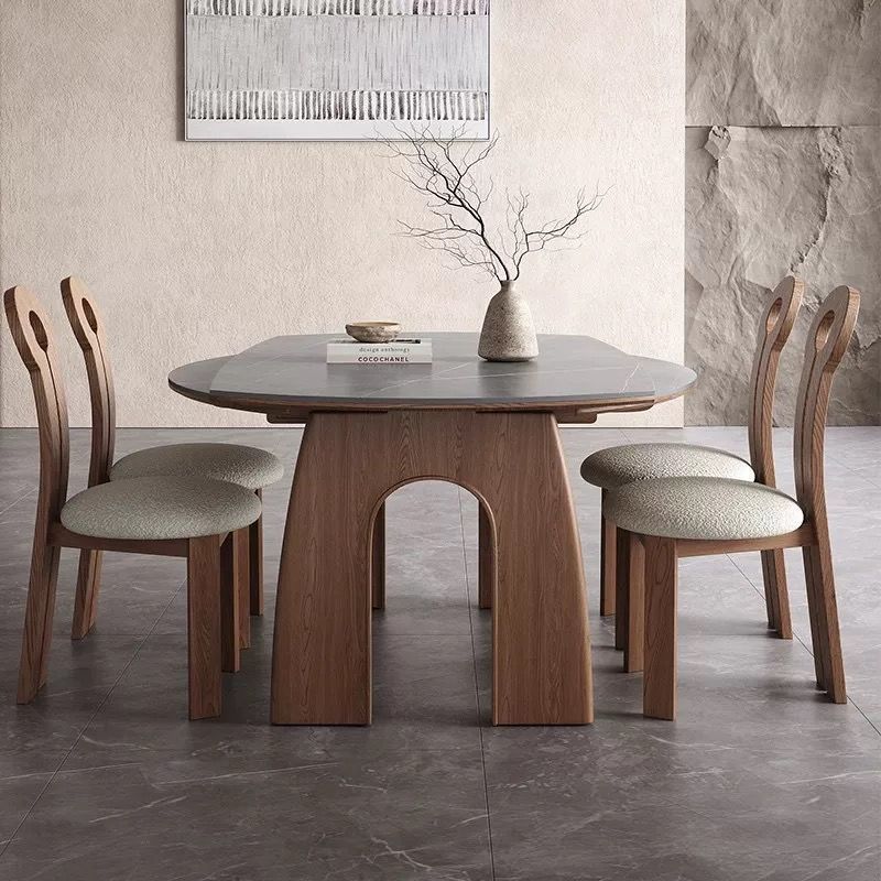Light Luxury Dining Table French Retro Style Round Slate Dining Table and Chair Combination for Home Small Apartment Folding Square and Round Table