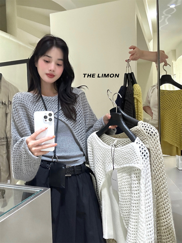 thelimon柠檬绿茶2025秋季设计感镂空针织衫加内搭背心吊带套装女|undefined