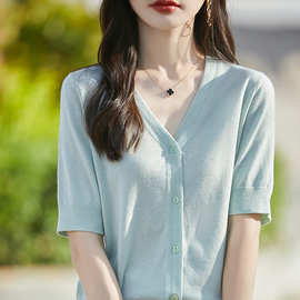 精仿蚕丝羊毛V领开衫短袖t恤女夏季薄款宽松半袖上衣短款针织外搭