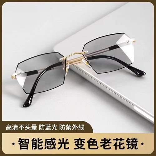 Stylish Frameless Reading Glasses with Color Change, Blue Light Blocking, Anti-Fatigue, Suitable for Middle-Aged and Elderly Men and Women