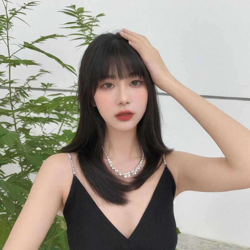 Net red wig women's medium and long hair with neat bangs Korean-style black hair full head cover shaking voice fast hand live with goods supply