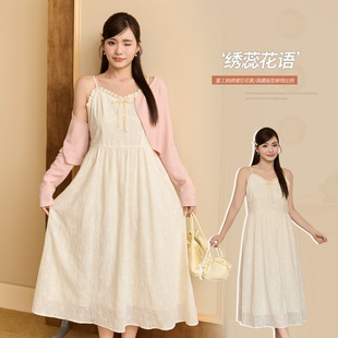 Korean Style Cut Out Air Quality Lace Splicing V Neck Suspender Skirt Fat mm Large Size Waist Slimming Look Dress 63963