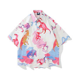 日系潮牌vintage复古恐龙满印短袖衬衫男女夏威夷度假情侣花衬衣