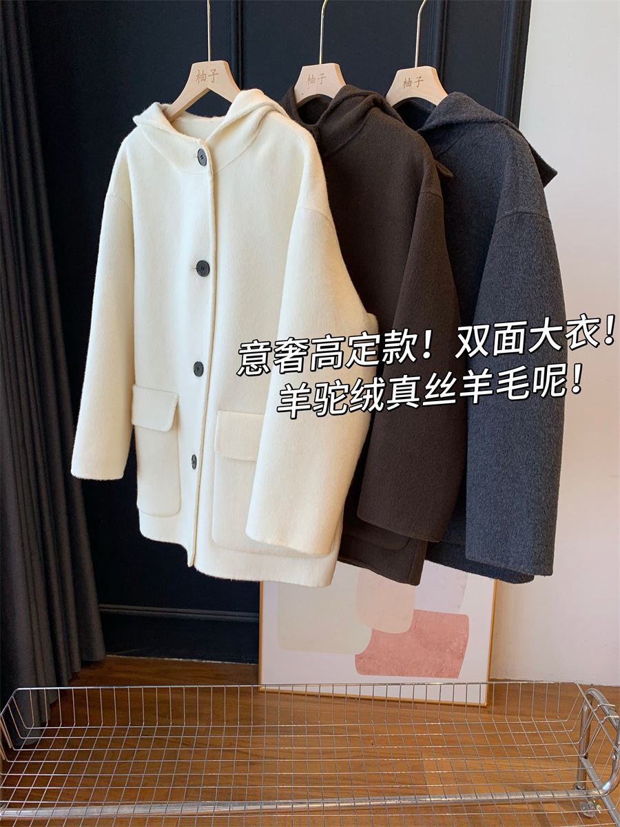 무겁고 실용성! 알파카 실크 양면 울 후드 모직 코트 쇼트 모직 코트 G070507