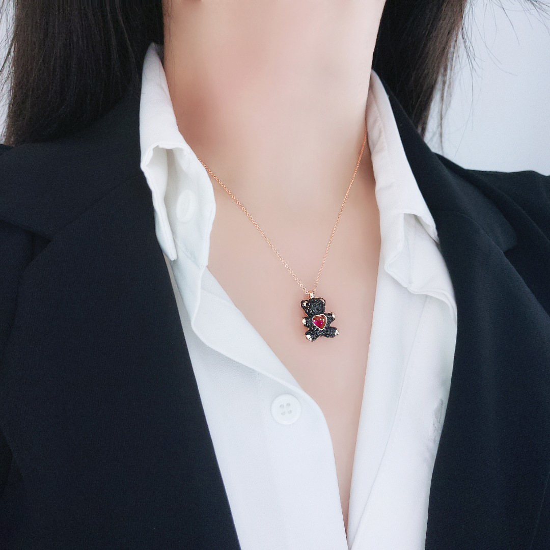 Shi Jia 1:1 하이 퀄리티 테디 비트 하트 테디 베어 목걸이 여성, 사이버 레드 러브 클래 버클 체인