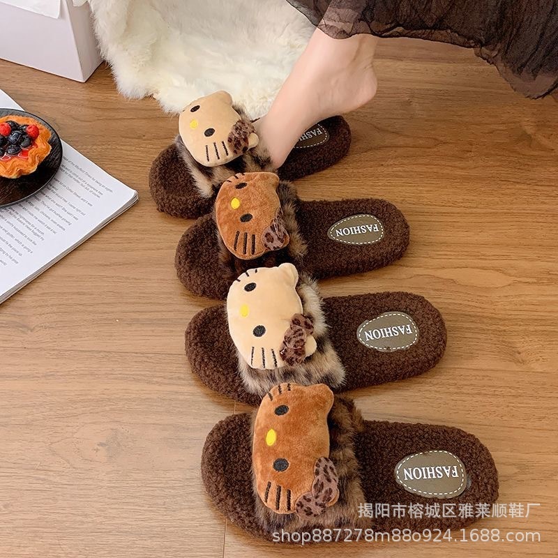 豹纹公仔毛毛拖鞋女秋冬新款外出小众辣妹风高颜值羊羔毛居家棉拖|undefined