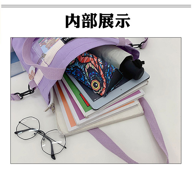Korean-style canvas bag for girls with one shoulder, in the style of Harajuku, ulzzang, with a large capacity and contrasting colors, is a crossbody hand-held schoolbag for classes Application Scenario