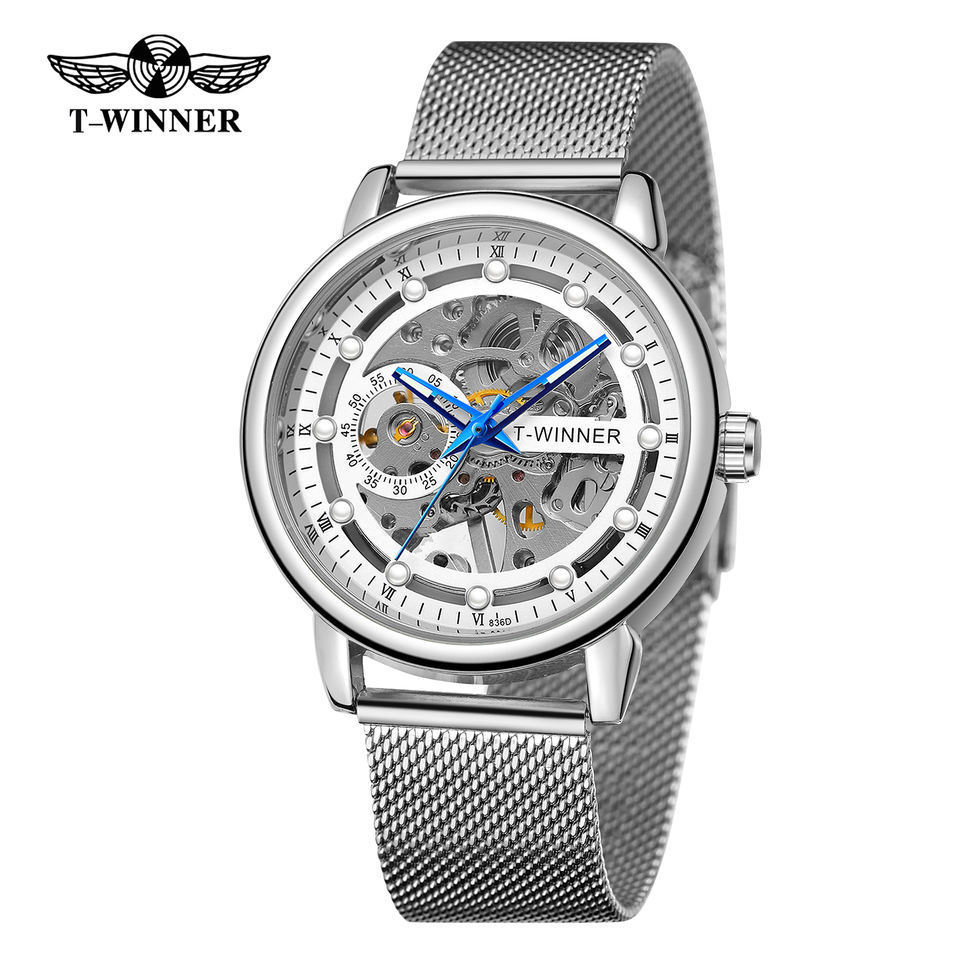 T-winner reloj de hombre europeo y americano reloj mecánico manual hueco de moda transparente reloj de correa de malla de milán 8258