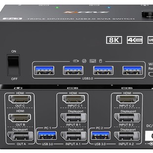 Two-In and Three-Out Kvm Switch Usb3.0 Supports 8K@60Hz4K@120Hz, Outputs 2 Computer Hosts