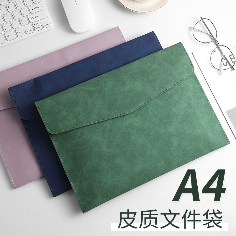 Cross-border leather document folder, A4 size, thickened, with snap closure, waterproof, business storage bag, customizable with logo, available for bulk purchase