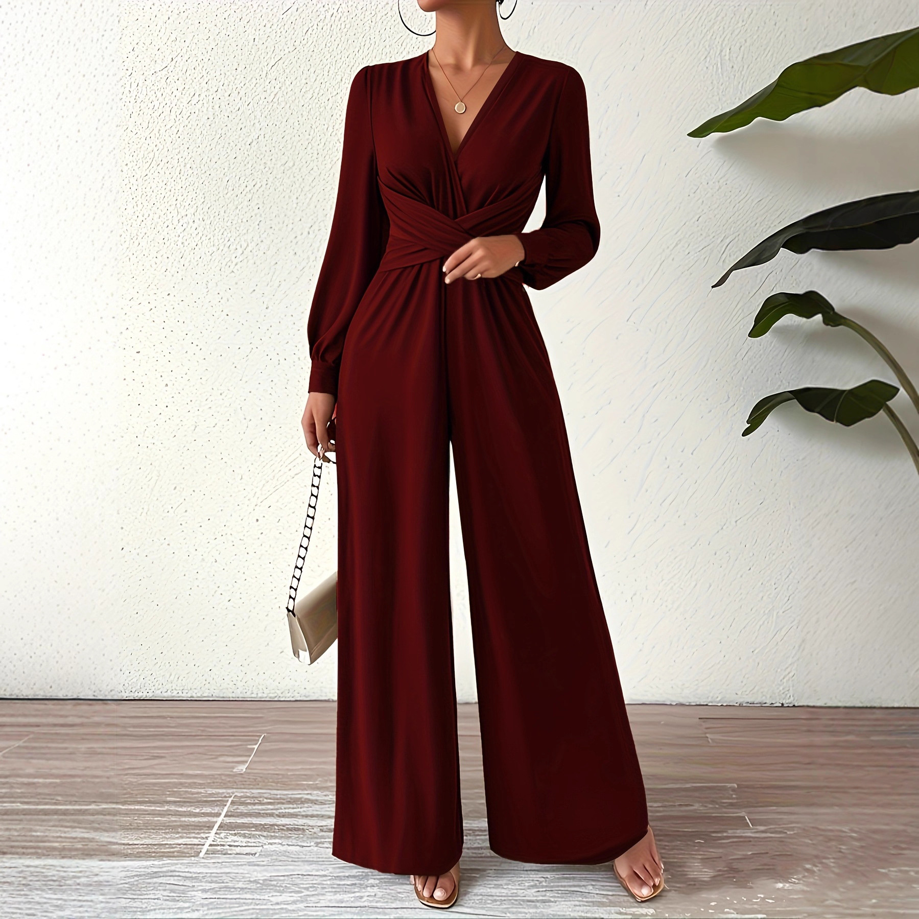 Women's New Old Money Style Long-Sleeve Camisole V-Neck Cross-Waist Elegant Jumpsuit, Suitable for Professional Wear