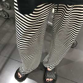小个子女装黑白条纹休闲裤2024春季百搭潮流高腰直筒垂感针织裤子