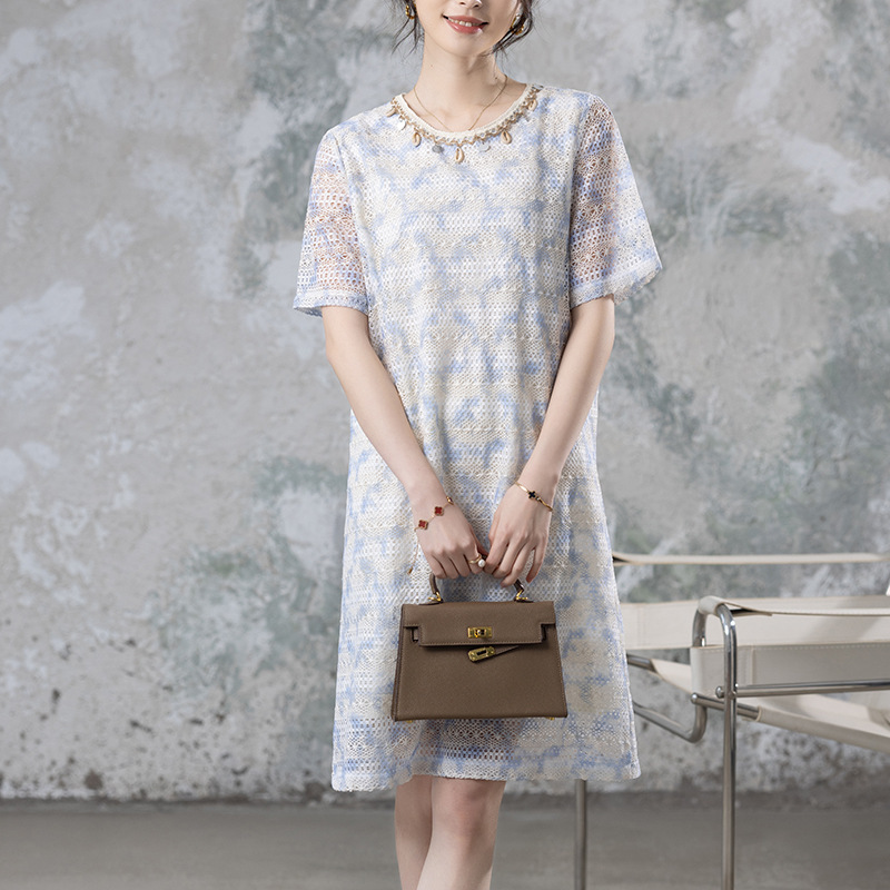 Msnz9019 Gradient Smudged Shell Bead Lace Dress for Women 202 Summer Fashion Printed Elegant Dress