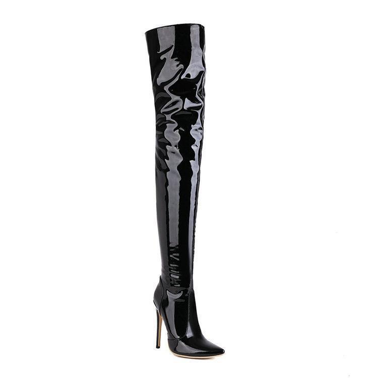 Over the knee boots Women's Red boots Shiny patent leather thigh-high boots Sexy Thigh boots pointy heels_voghion.com