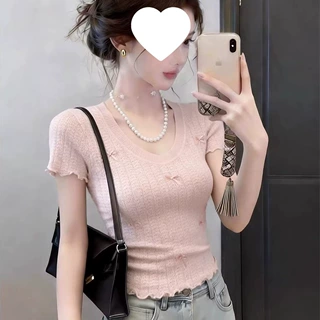 冰爽丝粉色蝴蝶结针织衫短袖t恤女夏季新款气质修身独特百搭上衣