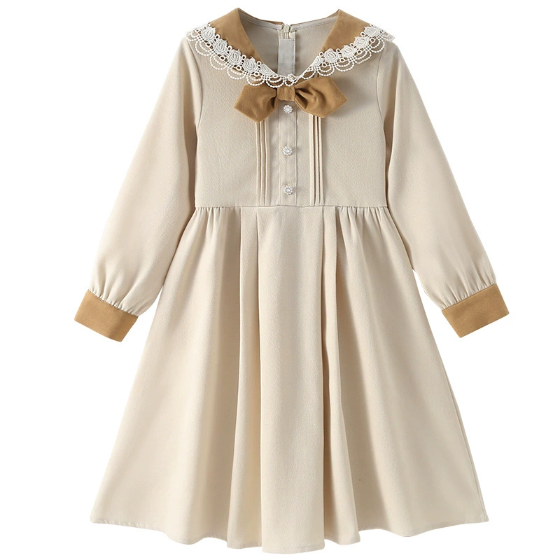 Autumn dress, fashionable bow tie, long-sleeve for leisure, skirt, western style, for teenagers