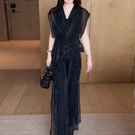 网红雪纺套装女2026夏季新款洋气质显瘦条纹短袖上衣阔腿裤两件套