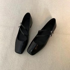 羊の皮の版 ~ フランス式のメアリー珍の靴の女性の潮の復古の平底の百合の角の頭の柔らかい皮の太さと気質の靴の女性