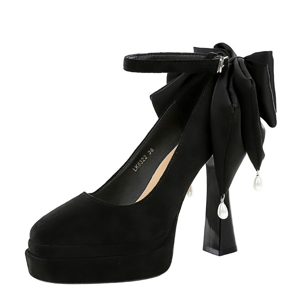 8322-H100M European And American Suede Ultra-high Heel Platform Shallow Mouth One-strap Buckle With Pearl Bow Women's_vogvips.com